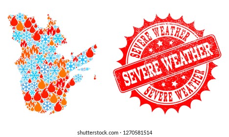 Composition of snowflake and fire map of Quebec Province and Severe Weather grunge stamp seal. Mosaic vector map of Quebec Province is designed with cold and fire icons.