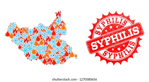 Composition of snowflake and fire map of South Sudan and Syphilis grunge stamp seal. Mosaic vector map of South Sudan is designed with ice and fire icons. Syphilis stamp has red color,