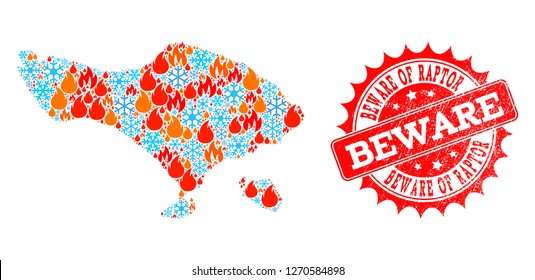 Composition of snowflake and flame map of Bali Island and Beware of Raptor grunge stamp seal. Mosaic vector map of Bali Island is composed with snow and flame symbols.