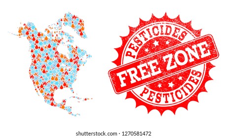 Composition of snowflake and flame map of North America and Pesticides Free Zone grunge stamp seal. Mosaic vector map of North America is designed with cold and flame symbols.