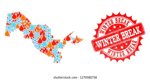 Composition of snowflake and flame map of Uzbekistan and Winter Break grunge stamp seal. Mosaic vector map of Uzbekistan is designed with frost and flame icons. Winter Break stamp has red color,