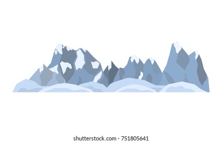 Composition of snowy Alpine mountains, glaciers and hills in flat style isolated on white background.