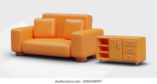 Composition with sofa with soft pillows and wardrobe in orange colors. Composition for cozy room. Furniture for online games. Vector illustration in 3d style