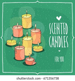 Composition with soft pink and soft yellow burning candles. Isolated green background. Cartoon hand draw style. Lettering inscription Scented Candles For You. Vector illustration