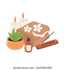 Composição de toalhas macias, incenso aromático e flores. Ilustração de vetor desenhada à mão para marca de bem-estar, embalagem de aromaterapia e design de menu de spa.