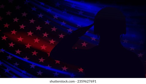 Composition with soldier silhouette, USA flag on dark background.