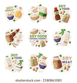 Composition with Soy Products from Soybean Plant with Soy Meat, Oil and Milk Vector Set