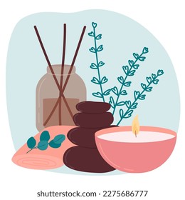 The composition for the spa and wellness salon is a glass bottle with incense sticks, a towel, a candle and stones. Color flat vector illustration isolated on a white background.