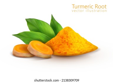 Composition spice turmeric and green leaves. Vector illustration.