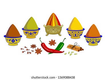 Composition of spices and herbs in traditional bowls on the market. Assorted oriental spices - pepper, paprika, turmeric, curry, ginger, cardamom, cinnamon, chili, clove, saffron, anise.