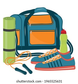 Composition Sports bag with fitness items, color isolated vector illustration
