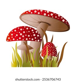 Composition of spotted poisonous fly agaric mushrooms with red caps on a white background. Vector.