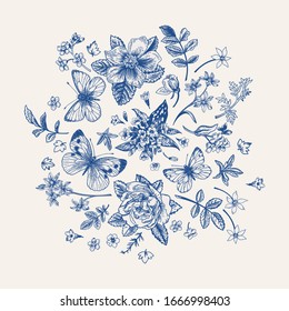 Composition with spring flowers and butterflies in blue.