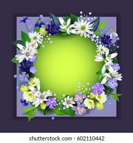 Composition of spring flowers for the design of postcards, brochures, banners, leaflets, with space under the text