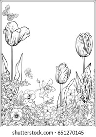 Composition with spring flowers: tulips, daffodils, violets, forget-me-nots in botanical style. Stock line vector illustration. Outline hand drawing coloring page for adult coloring book.

