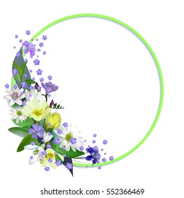 Composition of spring primroses on the form of a circular frame with space for text, isolated on white background.
