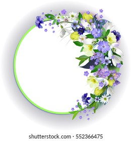 Composition of spring primroses on the form of a circular frame with space for text, isolated on white background.