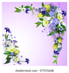 Composition of spring primroses on the form of a circular frame with space for text, isolated on white background.vector.