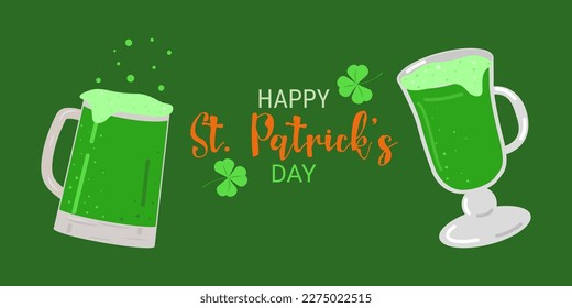 Composition for St. Patricks Day poster template. Beer festival. The concept of the holiday. Vector illustration on a green background.