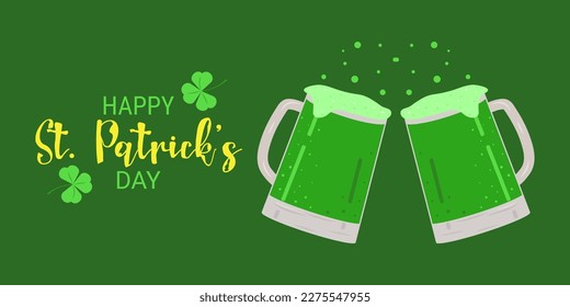 Composition for St. Patricks Day poster template. The concept of the holiday. Beer festival. Mugs with green beer. Vector illustration on a green background.