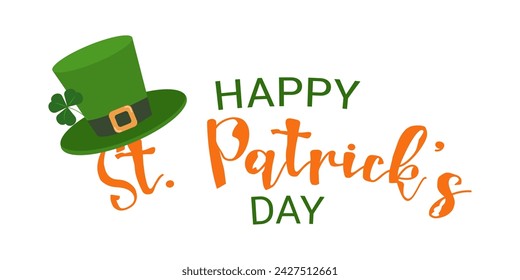 Composition for St. Patricks Day poster template. Text greetings and leprechaun hat. Concept holiday. For invitation greeting card social media post or flyer. Vector illustration.