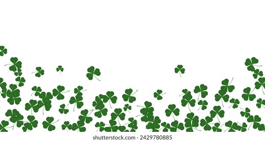 Composition for St. Patricks Day poster template. Clover leaves are arranged randomly bottom. Concept holiday. For invitation greeting card social media post or flyer. Vector illustration.