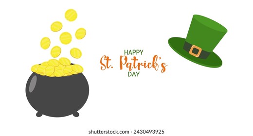 Composition for St. Patricks Day poster template. Pot gold hat and inscription. Concept holiday. For invitation greeting card social media post or flyer. Vector illustration.