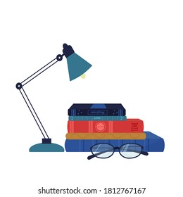 Composition stack of books, table lamp, reading glasses. Stylish, colorful. Hobby, education concept isolated on white background.