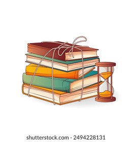 Composition of a stack of books tied with a rope. Hourglass. Vector hand drawn illustration for interior decoration. Bookstore, book lover, library concept.