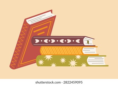 Composition with stack of colorful retro books and one leaning red volume in flat vector style. High quality isolated graphic element for school education banners, library decor, and book lovers. Vector illustration