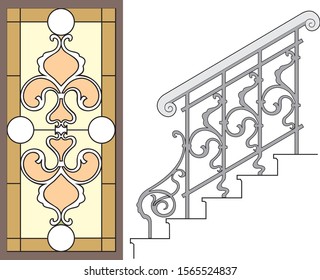 composition of a stained glass door and stairs, with forged railing. forged elements, stained-glass window, consoles, stair railing, decorative metal
elements, fence. set