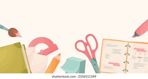 Composition of stationery illustrations: brush, paper notes, bookmarks, scissors, notebook, marker, book, protractor, pencil. Vector Banner, Art Supplies. Cute Cartoon Style.