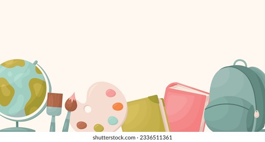 Composition of stationery illustrations: globe, brushes, palette with paints, book, notebook or binder, backpack. Vector Banner, Art Supplies. Cute Cartoon Style.