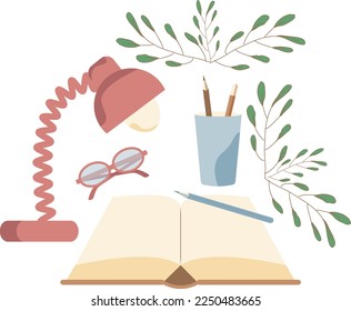 Composition with stationery supply for education and learning with plants, pencil, eyeglasses, books and drawing in flat style