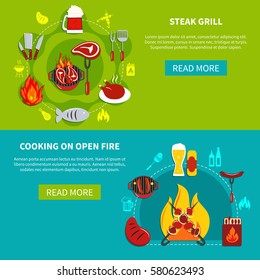 Composition with steak grill and cooking on open fire with foods and drinks vector illustration
