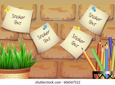 A composition with a stickers, a pot of plants and colored pencils in realistic style. Brick texture background.
