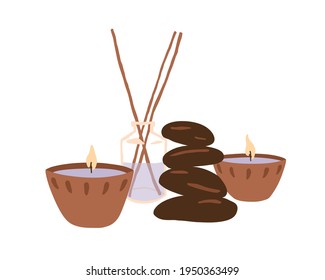 Composition of stones, burning candles and aroma sticks in bottle for body massage, skin therapy and beauty treatment. Colored flat vector illustration isolated on white background