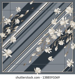 Composition with stripes and Sakura flowers and branches in blue colors