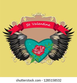 Composition in the style of a tattoo for Valentine's Day. Heart with red rose and wings. Emblem, coat of arms, heraldic sign. Vector illustration