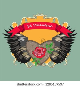 Composition in the style of a tattoo for Valentine's Day. Heart with a rose and wings, decorated in the form of an emblem. Vector illustration