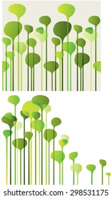 Composition with stylised geometrical tree silhouettes.