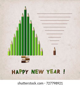 Composition Stylized Christmas Tree of Realistic Green and Brown Pencils on Paper Background. New Year's Design Concept.