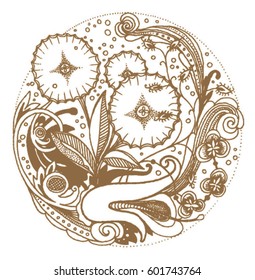 Composition of stylized graphic plant patterns. Suitable for printing products, books, magazines, postcards. Vector.