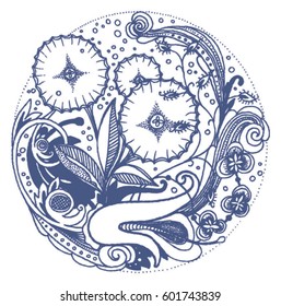 Composition of stylized graphic plant patterns. Suitable for printing products, books, magazines, postcards. Vector.