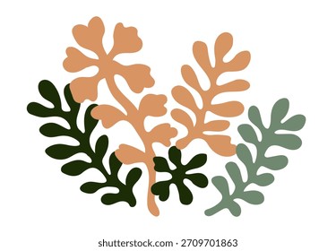 Composition of stylized leaves in varied shapes colored orange and green.