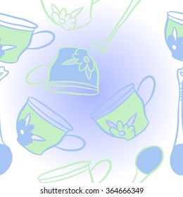 Composition of  stylized pattern, doodles, caps, teaspoons,leaves,spots, floral ornament, hole. Hand drawn.