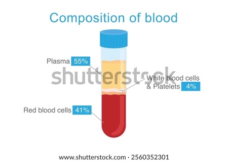Composition of substances in blood in test tube on white background. Include red blood cells, white blood cells, platelets and plasma in difference percents.