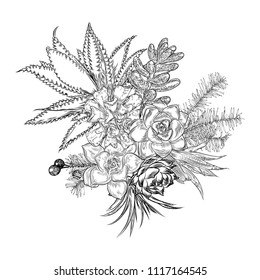 Composition of succulents, cactus, green plants, botanical drawing. Black white handdrawn bouquet. Flesh tattoo concept. Coloring book page. All flowers are editable separately. Vector.