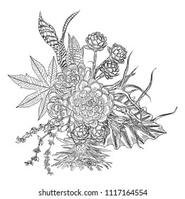 Composition of succulents, cactus, green plants, botanical drawing. Black white handdrawn bouquet. Flesh tattoo concept. Coloring book page. All flowers are editable separately. Vector.