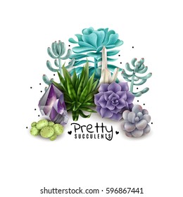 Composition of succulents and crystals on a white background. Isolated colored succulents. Vector illustration